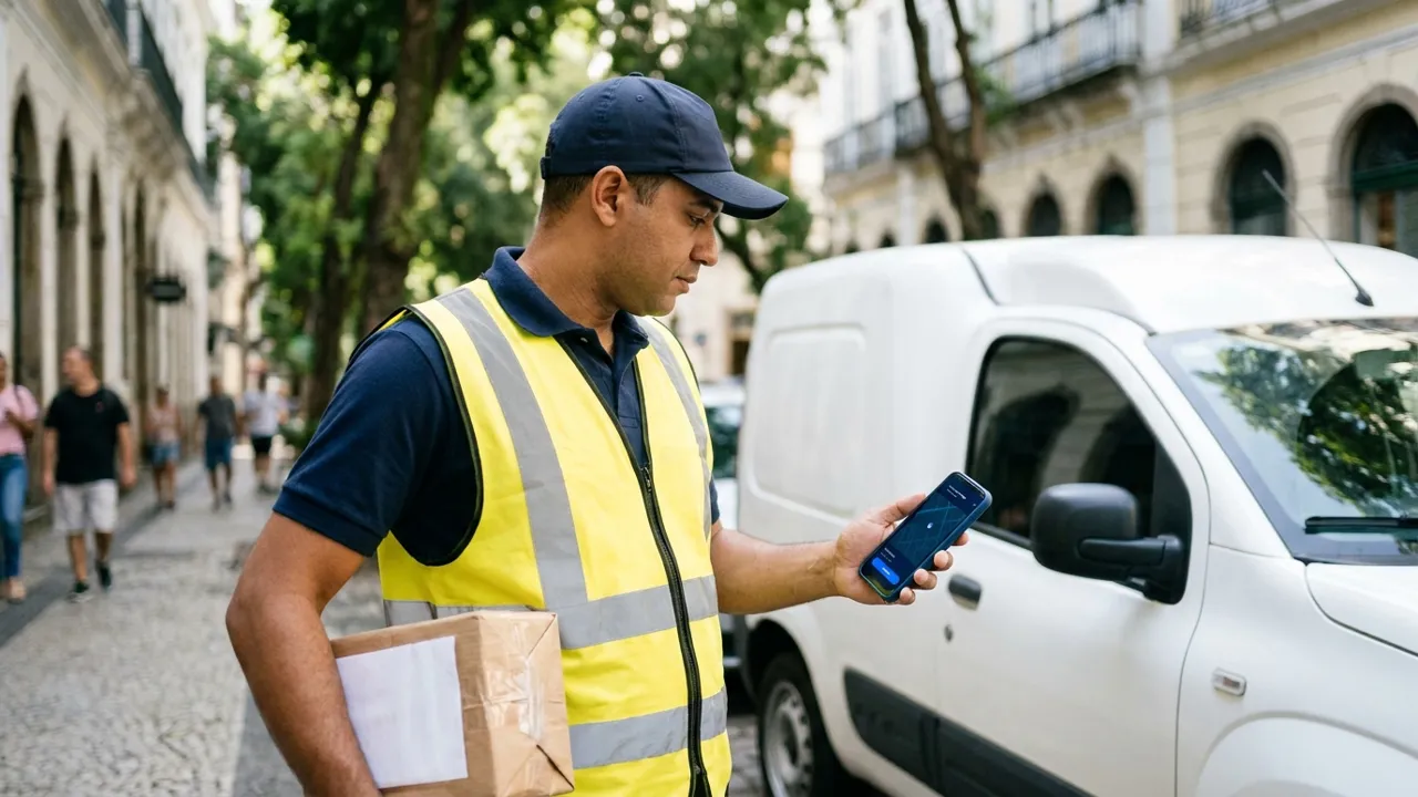 Entregador consulta as instruções de entrega no celular
