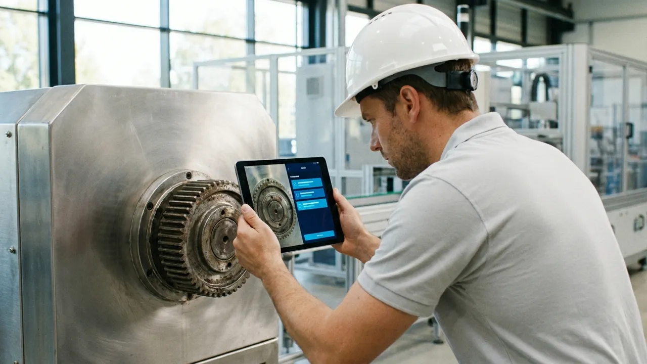 Engenheiro fotografa uma peça com o tablet e recebe as instruções de substituição