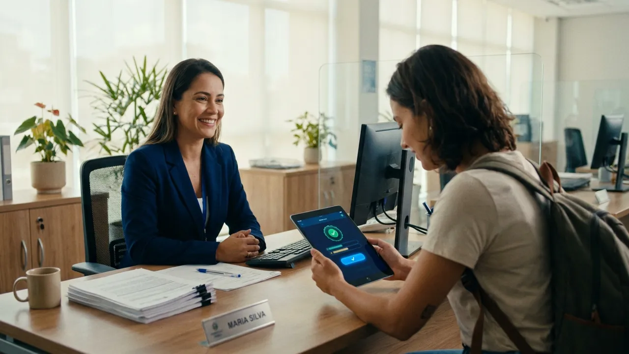 Atendente de agência mostra ao cliente a abertura de crédito no tablet