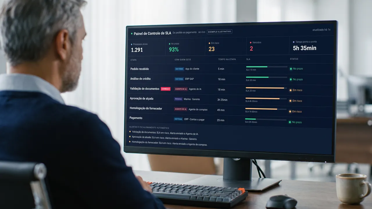 Executivo acompanha o painel de controle de SLA no monitor